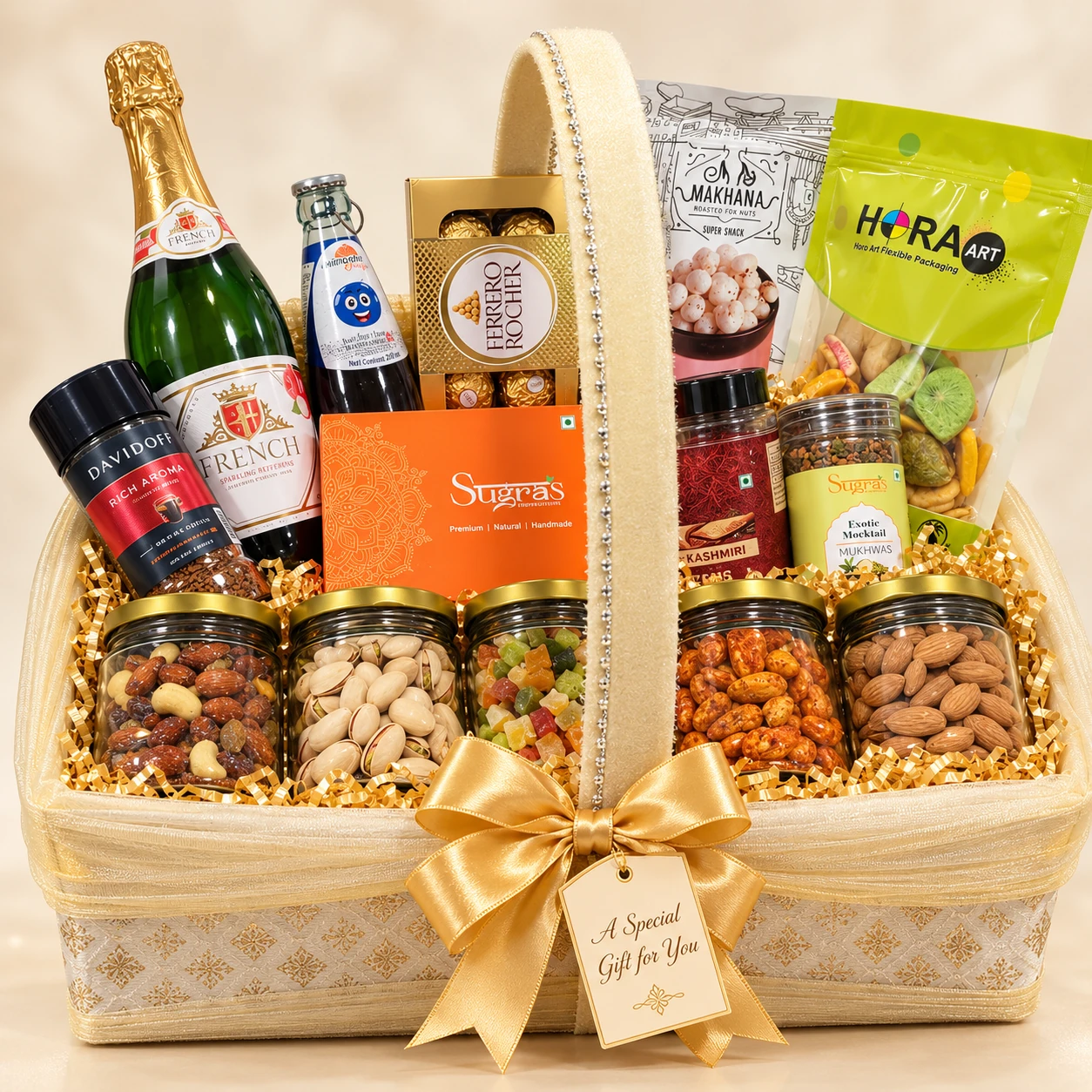 Hamper 02 — Fabric-wrapped basket with ribbon handle