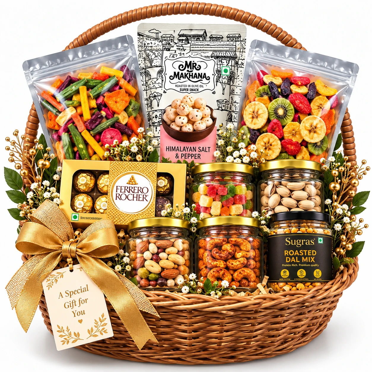 Hamper 09 — Wicker handle basket with floral accents