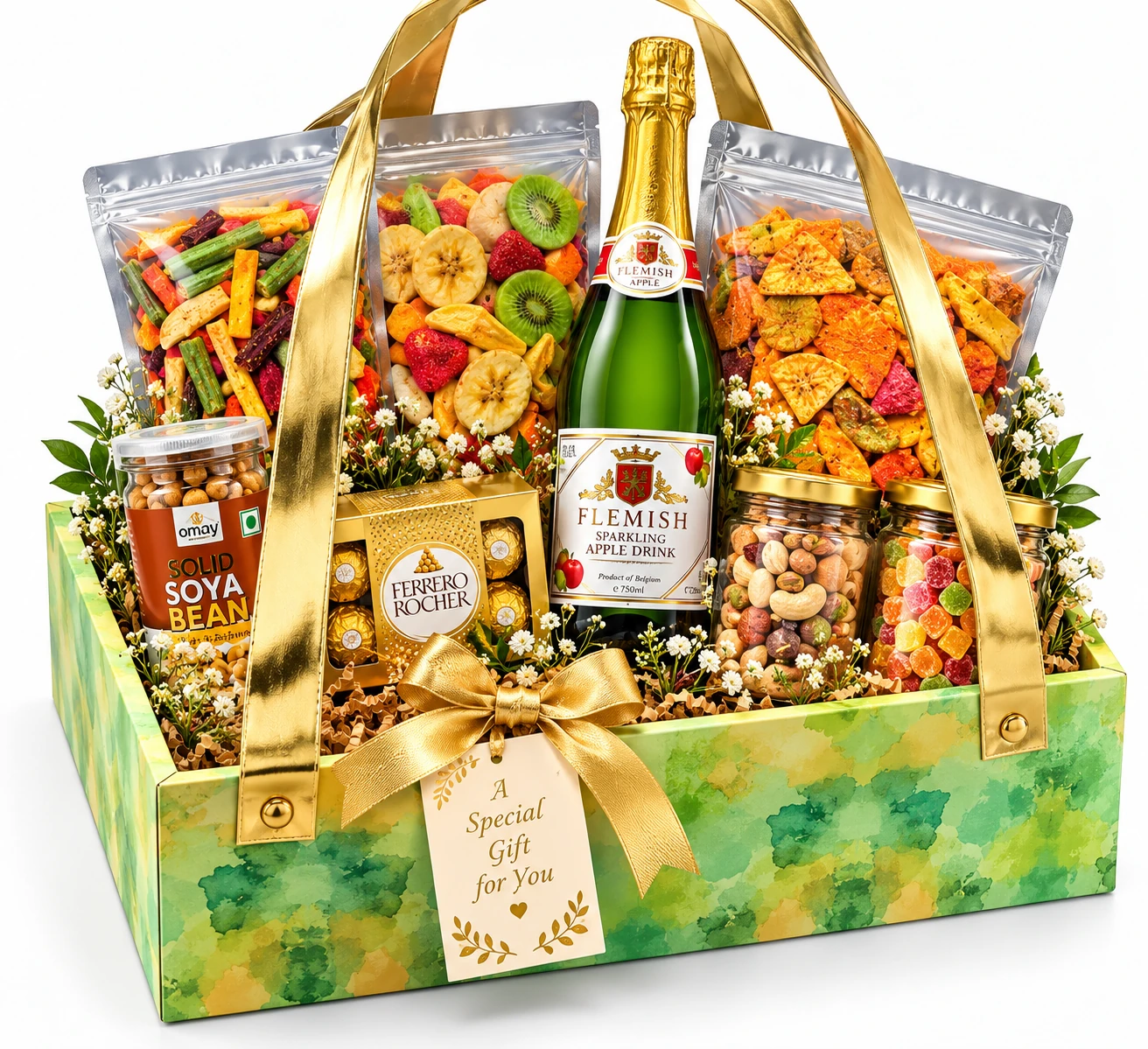 Hamper 12 — Printed gift carrier with ribbon handles